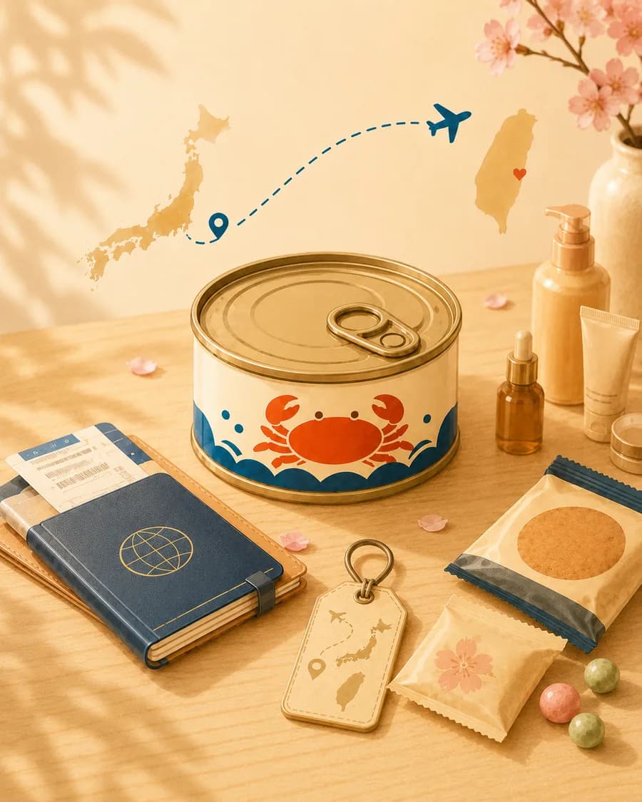 Travelback 教學系列第一篇主圖:螃蟹罐頭還沒打開,旁邊放著護照、零食、美妝和台日航線。
